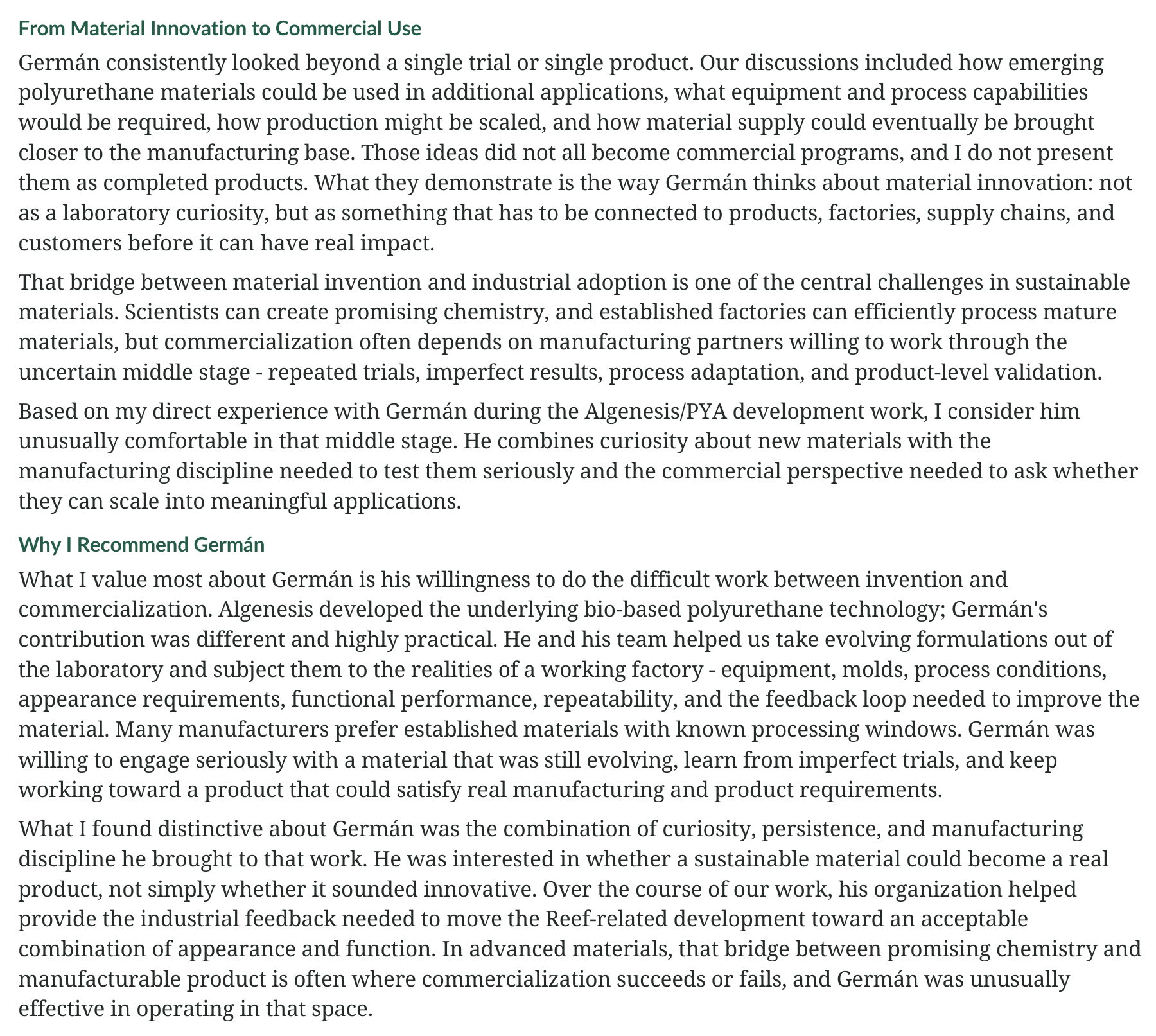 Excerpt from Peter Morgan’s letter: From Material Innovation to Commercial Use and Why I Recommend Germán